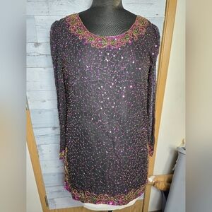 Vtg 80's 100% Silk Stenay Beaded Sheer Long Sleeve Black Blouse Top
